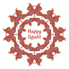 Happy Ugadi! Beautiful card with mandala. Indian lunar new year. Vector illustration.