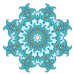 Blue abstract vector print. Vintage floral decorative round element for design.