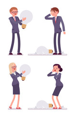 Businessmen and women with light bulbs, one is broken, glass fragments are around. Cartoon vector flat-style illustration