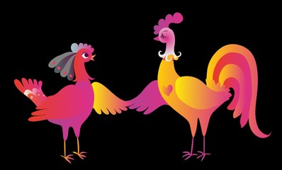 Rooster and hen - greeting card with chinese symbol of 2017 year. Vector illustration.