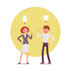Man and woman are pointing to the lamp, idea. Yellow circle background. Cartoon vector flat-style concept illustration