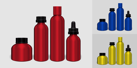 Red, blue, yellow aluminum bottle set Packaging Mock up set ready for your design
