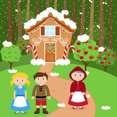 Fairytale Vector Background with Hansel and Gretel, the Witch and Her Gingerbread House in a Forest