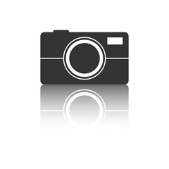 Camera icon with reflection effect on white background. Flat vector illustration.