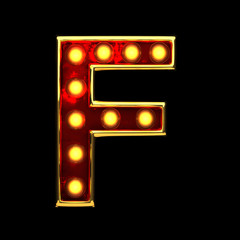 f isolated golden letter with lights on black. 3d illustration