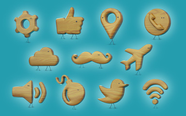 Sat of 3D icons; wi-fi, like, phone, loudspeaker, pin, mustaches, setting, cloud, bomb, bird, plane