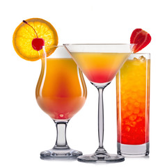 Set of orange cocktails with decoration from fruits and colorful straw isolated on white background