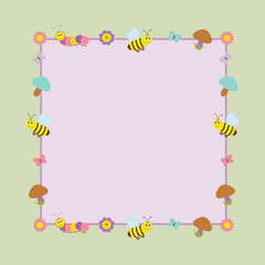 Vector postcard frame child theme. Caterpillar and bees,flowers and mushrooms, butterflies.