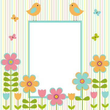 Vector postcard frame on the spring-summer theme. Birds sitting among bright flowers and butterflies. There's space for photo or text.