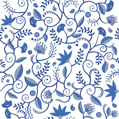 Seamless pattern with blue flowers, leaves, curles and other elements