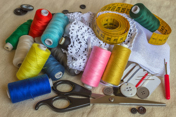 Sewing accessories. Spools of different color thread