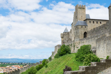 Fototapeta na wymiar Europe, France,Languedoc-Roussillon, ancient fortified city of Carcassonne, UNESCO World Heritage Site. Chateau de Carcassonne. City walls and entrance/exit gates.