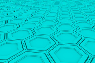 Abstract background made of cyan hexagons, wall of hexagons, 3d render illustration