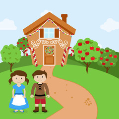 Obraz na płótnie Canvas Vector Set of Hansel and Gretel, Children or Husband and Wife in front of Fairytale Gingerbread House