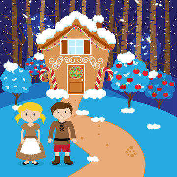 Vector Set of Hansel and Gretel, Children or Husband and Wife in front of Fairytale Gingerbread House