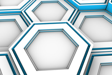 Abstract background made of white hexagons with light blue glowing sides, wall of hexagons, 3d render illustration