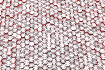 Abstract background made of white hexagons with red glowing sides, wall of hexagons, 3d render illustration