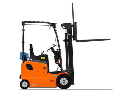 Orange propane counterbalance forklift on a white background. Flat vector