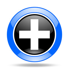 plus blue and black web glossy round icon