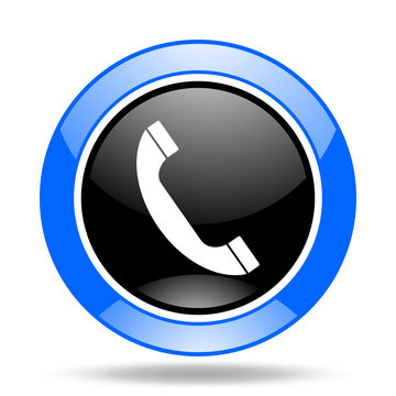 phone blue and black web glossy round icon