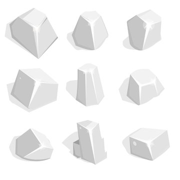 Vector set of silver ore or boulders. Isometric 2D game UI Templ