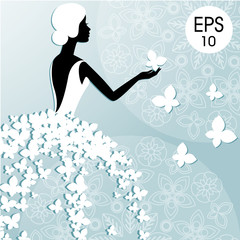 Vector fashion illustration of a young bride with butterflies. Bridal Shower. Wedding invitation
