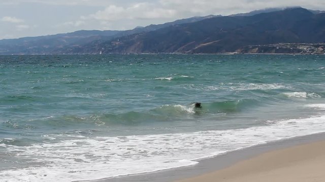 Ocean Waves With Sandy Beach With Hills And Clouds Santa Monica California
