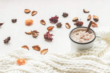 Autumn. Hot chocolate, knitted blanket, dried flowers and leaves