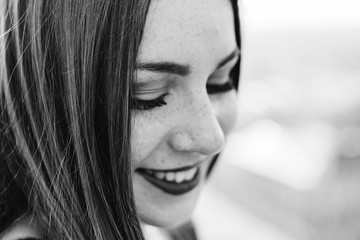 Fototapeta premium Black and white portrait of beautiful lady with closed eyes