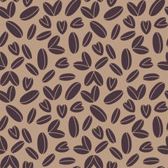 seamless pattern with coffee beans, vector background with flat various sizes of coffee beans and beans in heart shape, texture for coffee lovers