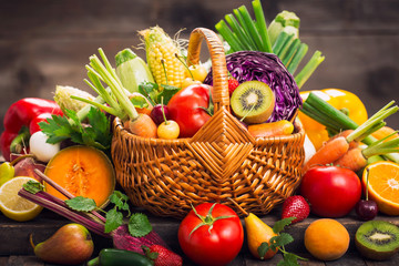 Fresh fruits and vegetables in the basket 