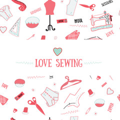 Hand drawn sewing banner in vintage style. Doodle vector illustration for sites, banners and packages.