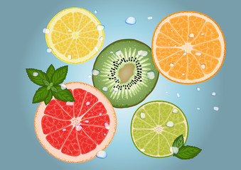 Obraz premium Citrus mix (orange, lime, lemon, mint, grapefruit, kiwi)