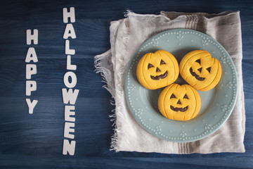 Halloween pumpkin cookies celebration with white text