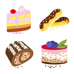 Cake with cherries and cream. Chocolate roll. Cake with jelly and blueberries. Eclairs. A collection of desserts vector. Set with desserts