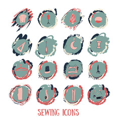 Sewing and needlework icons, cartoon style. Handicrafted logo with needle, sewing machine, sewing pin, yarn.