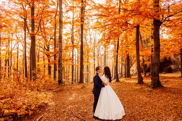 Fototapeta premium Newlyweds stand hugging on the forest path covered with fallen l