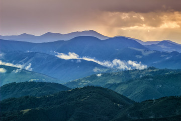 Picturesque Carpathian mountains landscape, view of the mountain ridges, Ukraine.