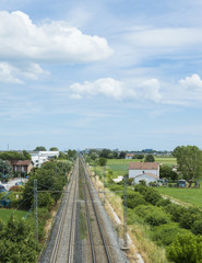 Fototapeta na wymiar View of railroad track from steel net of a bridge