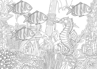 Stylized composition of tropical fish, seahorse, underwater seaweed, corals and starfish. Freehand sketch for adult anti stress coloring book page with doodle and zentangle elements.