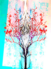 Ornamenal tree on colorful background, computter collage.