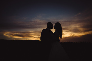 Silhouettes of wedding couple hugging under golden and blue even