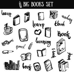 Set of books doodles with lettering.