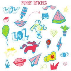 Funny vintage set cartoon patch badges with lips, astranaut, cat, egg, watermlon. Vector illustration