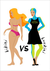 Bikini vs burkini. Beach battle. Two girls in swimsuits. Illustration of european and Muslim fashion.
