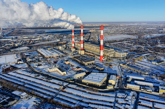Tyumen, Russia - November 18, 2015: Aerial view on city power plant in winter season