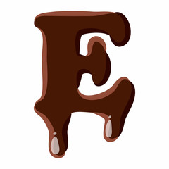 Letter E from latin alphabet with numbers and symbols made of dark melted chocolate