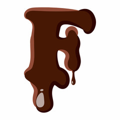 Letter F from latin alphabet with numbers and symbols made of dark melted chocolate