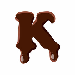 Letter K from latin alphabet with numbers and symbols made of dark melted chocolate