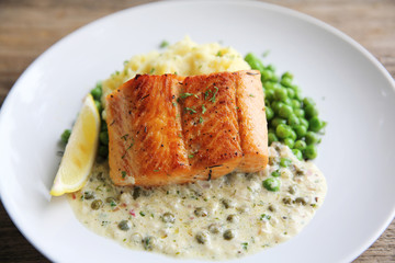 Grilled baked Salmon with potato and beans